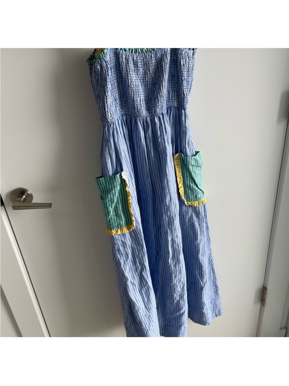 RHODE Ollie Yellow, Green Blue Stripe Smocked Midi Dress with Contrast Pockets - Picture 6 of 7